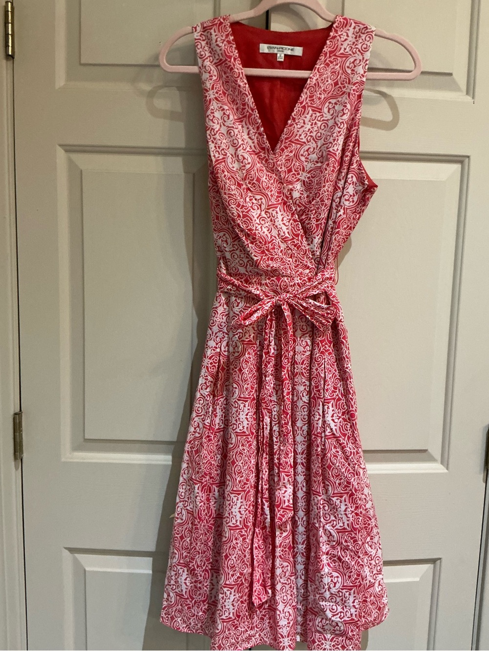 Evan Picone Pink and White Sleeveless Faux Wrap Midi Dress
